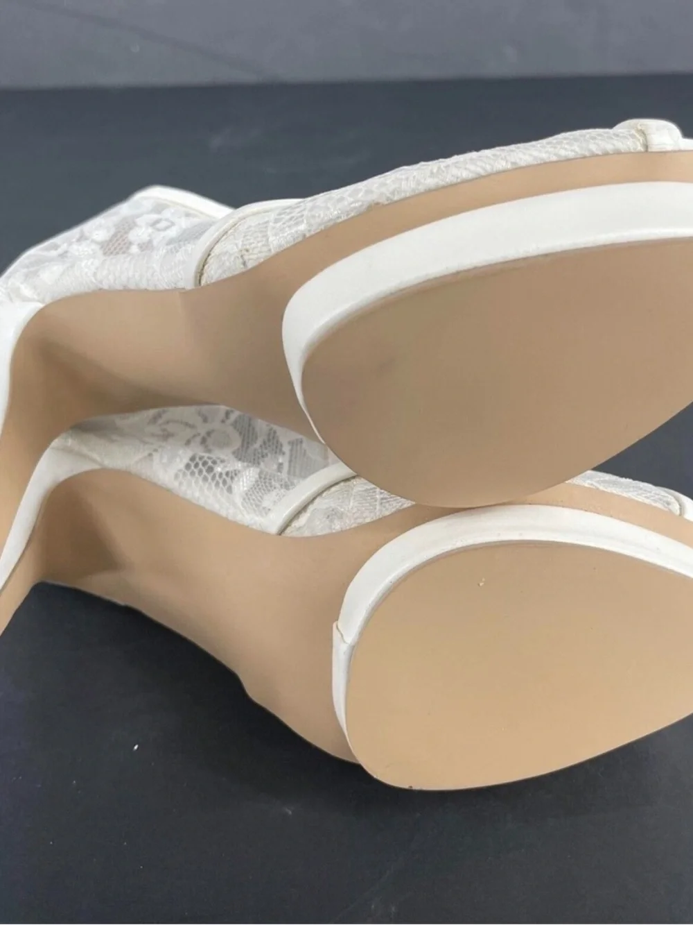 FSJ Ivory Lace Peep-Toe Ribbon Heels